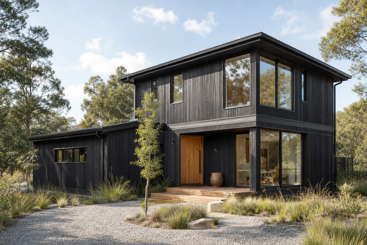 Dark timber home viewed from its planted front court