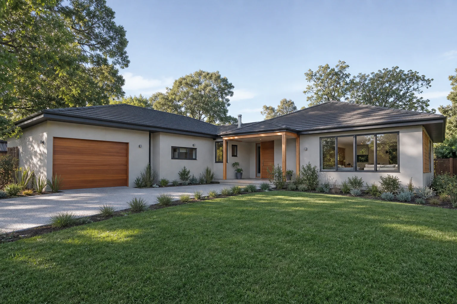 Single-level family bungalow and planted garden