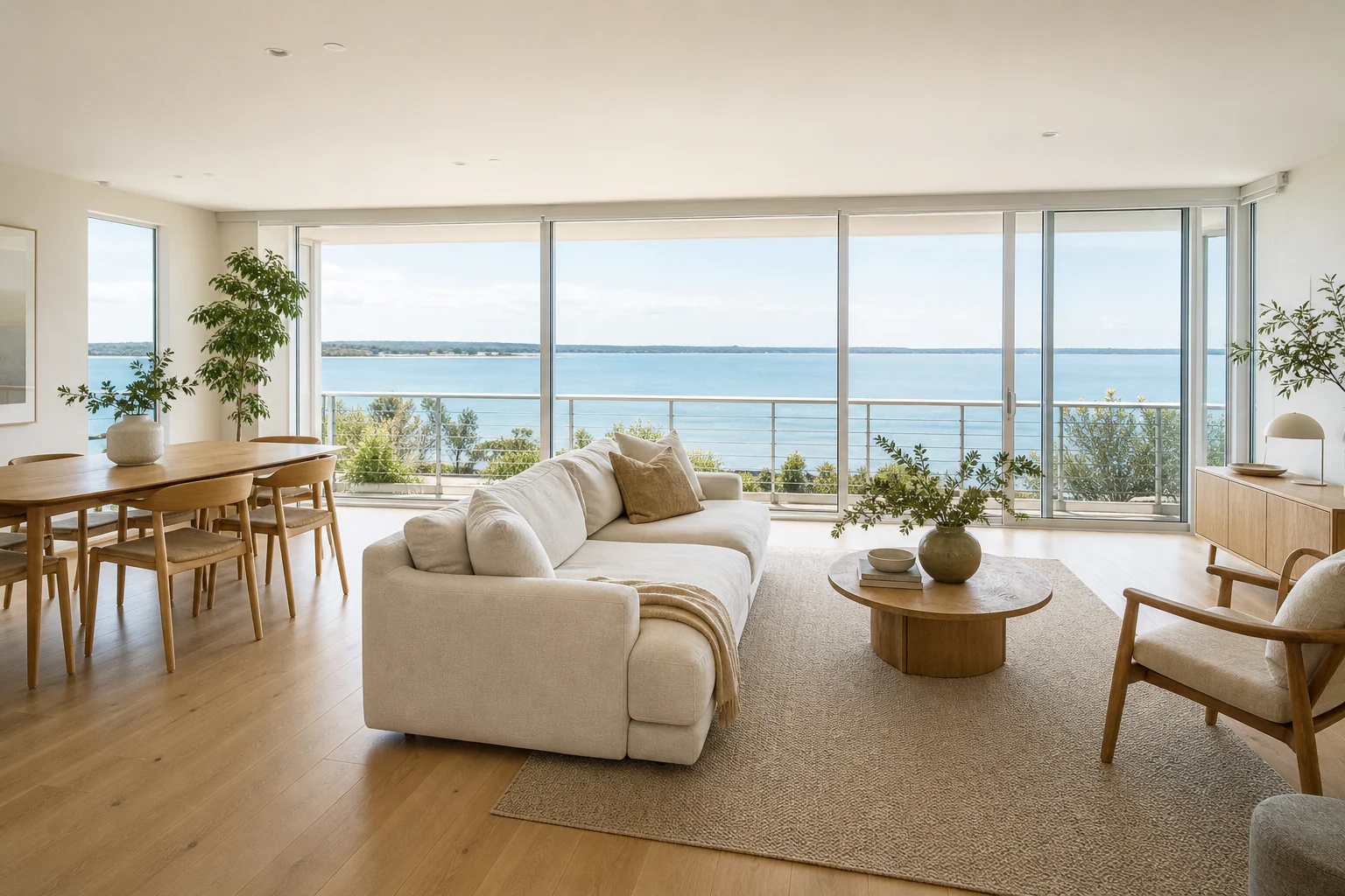 Waterfront apartment living room with broad view